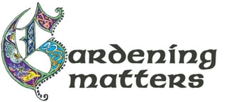 Gardening Matters logo with decorative serpent and floral design in blue, purple and green