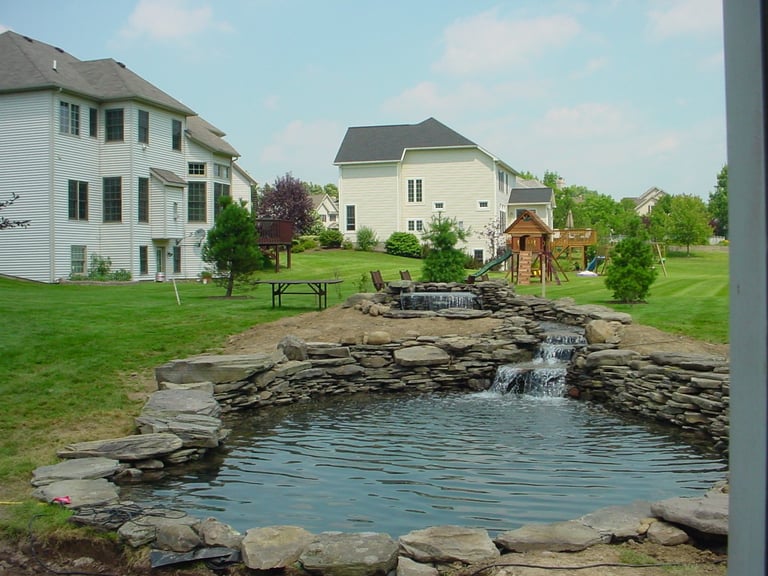 Residential backyard with a stone-lined pond, landscaping, trees, and houses in the background on a sunny day.