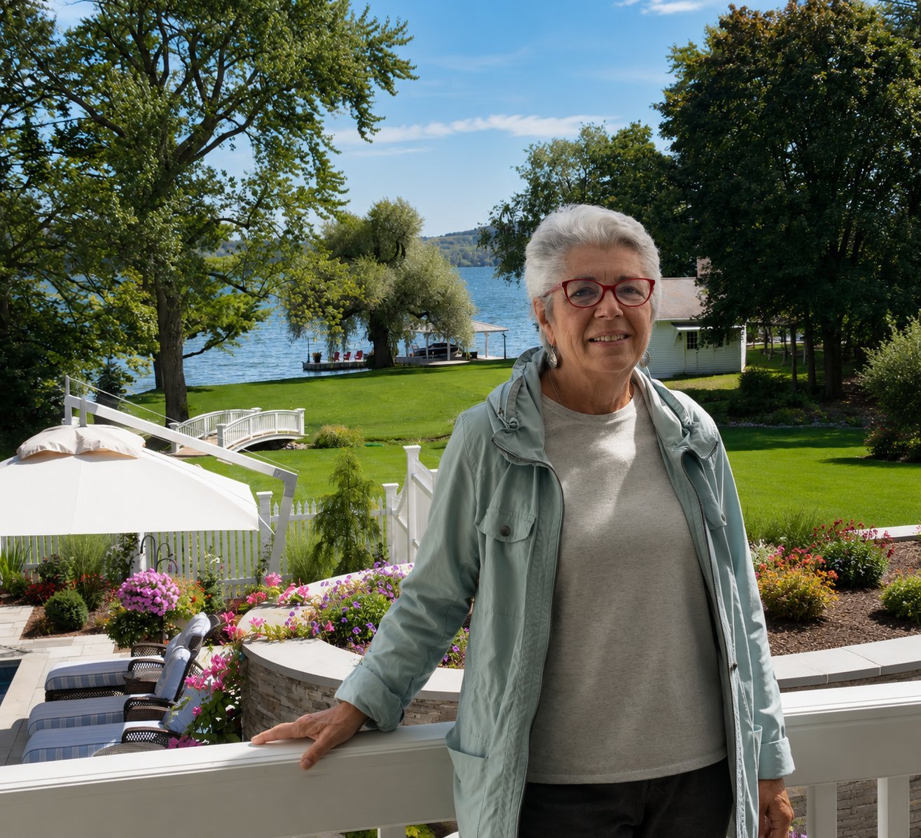 Senior woman with white hair and glasses smiling at camera on a deck overlooking a lake and green lawn