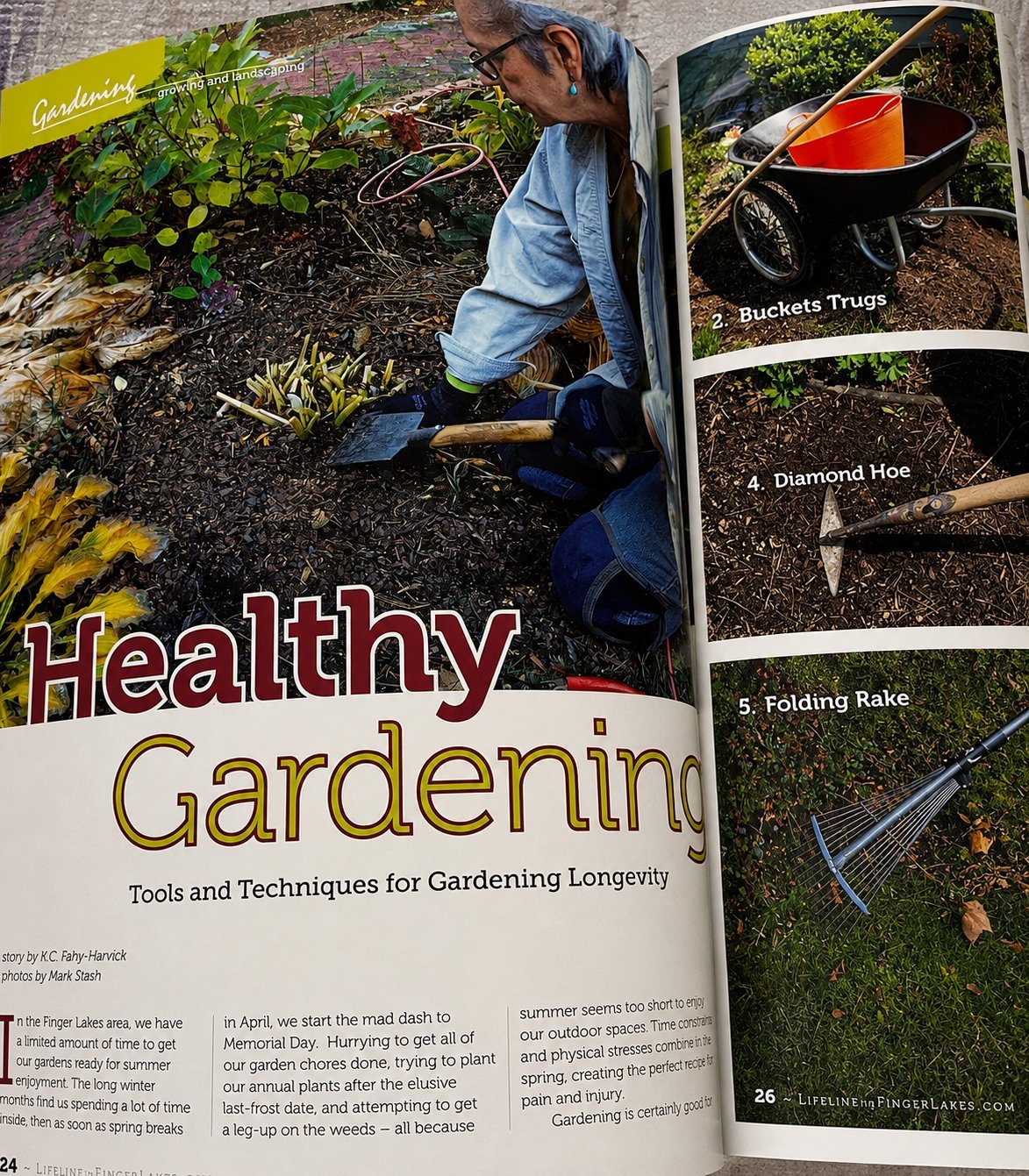 Magazine spread about healthy gardening showing a gardener using tools with labeled images of gardening equipment including buckets, hoe, and rake