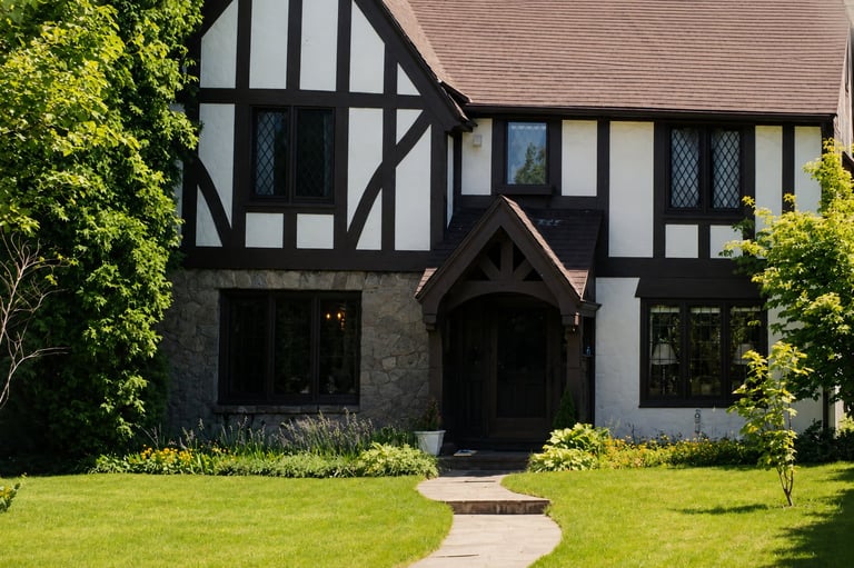 Tudor-style house with black and white half-timbered exterior, stone foundation, green lawn and landscaping in front