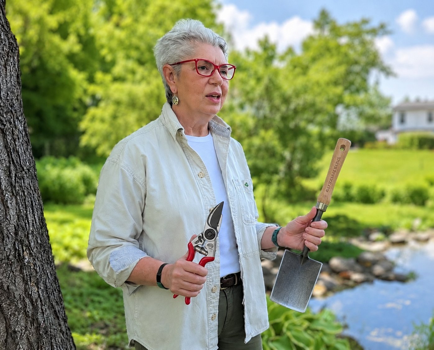 Older woman with gray hair and glasses wearing a beige shirt holding gardening tools by a tree near a stream