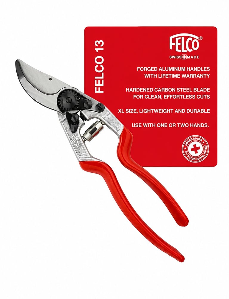 Felco 13 pruning shears with red handles and hardened carbon steel blade next to product packaging