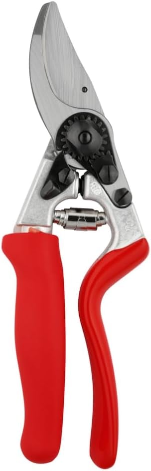 Red and silver pruning shears with curved blades and ergonomic handles