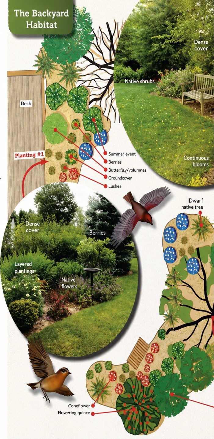 Illustrated guide showing backyard habitat design with native plants, berries, butterflies, and wildlife areas labeled with deck, dense cover, and native shrubs