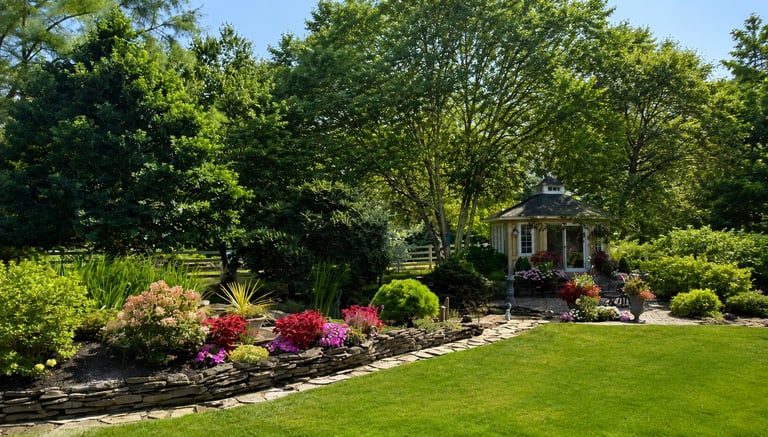Backyard garden with green lawn, flowering beds of red and pink blooms, stone gazebo, and mature trees on sunny day