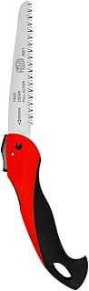 Red and black folding saw with metal ruler blade extended, showing measurement markings
