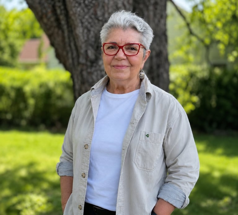 Older woman with white hair and glasses wearing a light blue shirt and beige jacket, smiling at camera outdoors in front of a large tree