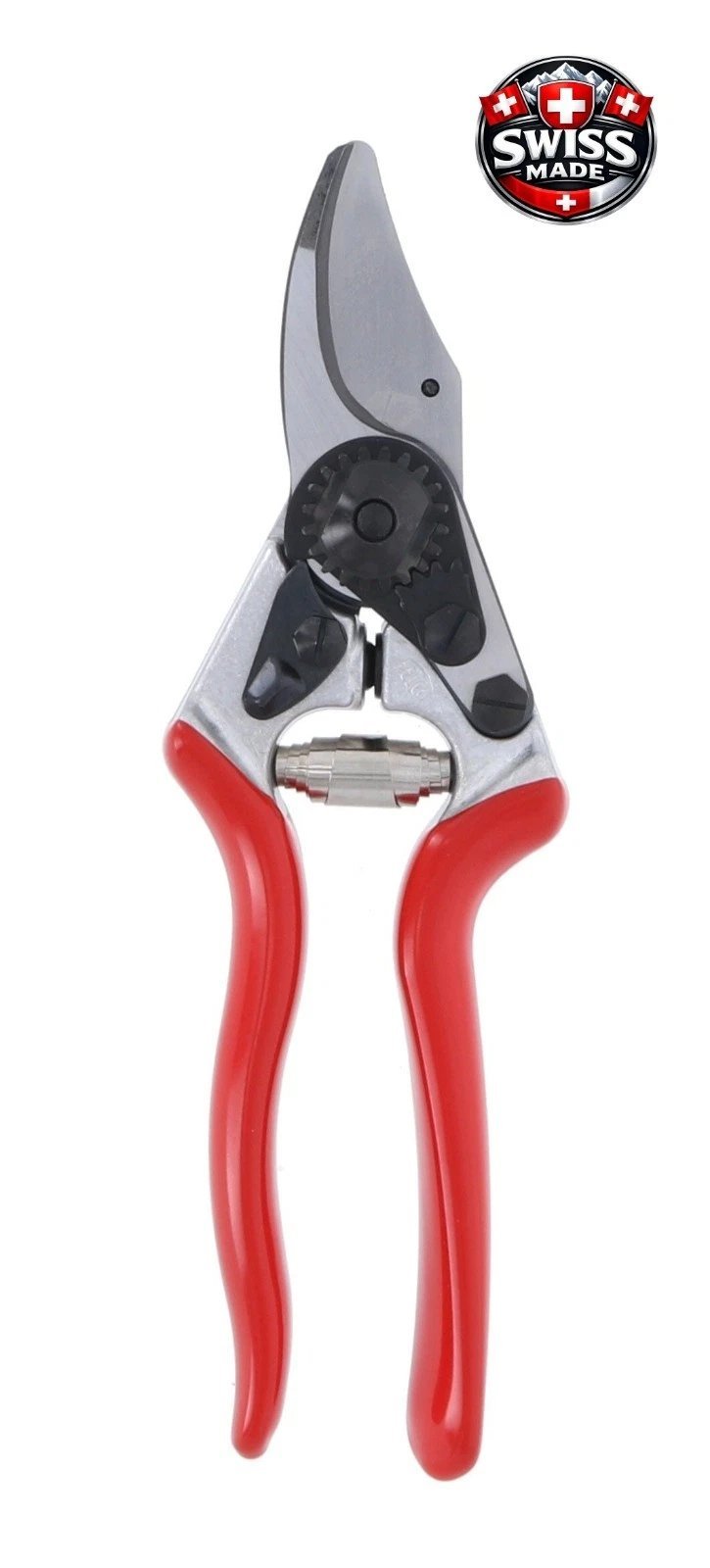 Swiss-made pruning shears with red handles, gray upper body, black cutting mechanism, and Swiss Made badge logo