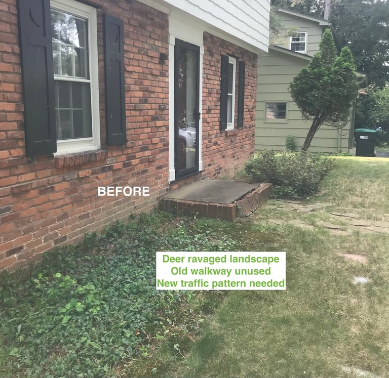 Before photo of brick house exterior with overgrown vegetation and damaged walkway labeled as needing landscape restoration
