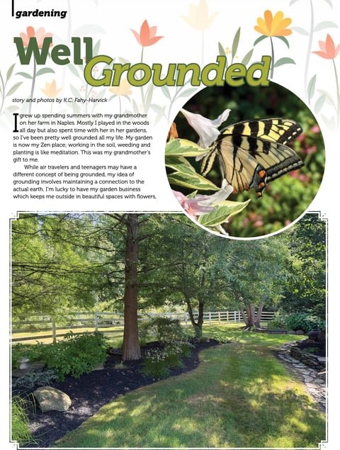 Magazine article titled Well Grounded featuring a garden landscape with trees, white fencing, and an inset photo of a yellow swallowtail butterfly on pink flowers