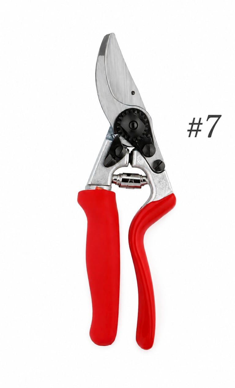 Pruning shears with red handles and silver metal blades, labeled number 7, shown on white background