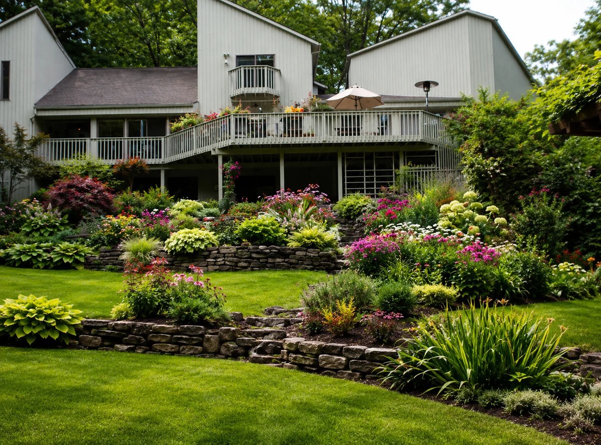 Two-story white farmhouse with wraparound decks surrounded by lush landscaping, flowering shrubs, and manicured green lawn