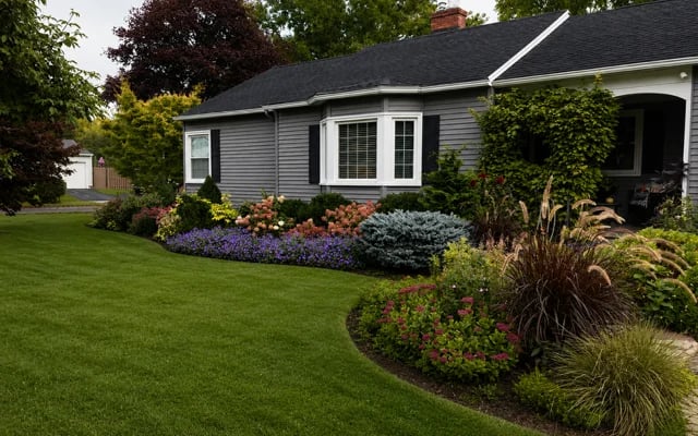 Charming gray and white ranch house with manicured lawn and colorful flowering landscaping along the front